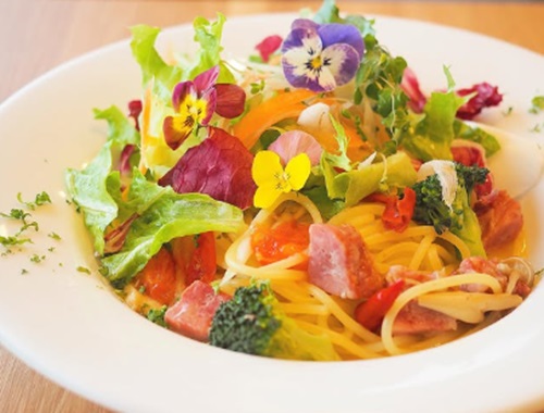 エディブルフラワー（食用花）を添えた人気のペペロンチーノ　FOOD＆FLOWER Fun！　燕市大曲