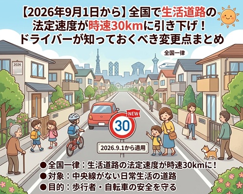 【2026年9月1日から】全国で生活道路の法定速度が時速30kmに引き下げ！ドライバーが知っておくべき変更点まとめ